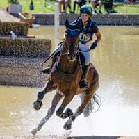 Horse and its smiling rider splash through water during a course at the Adelaide Equestrian Festival